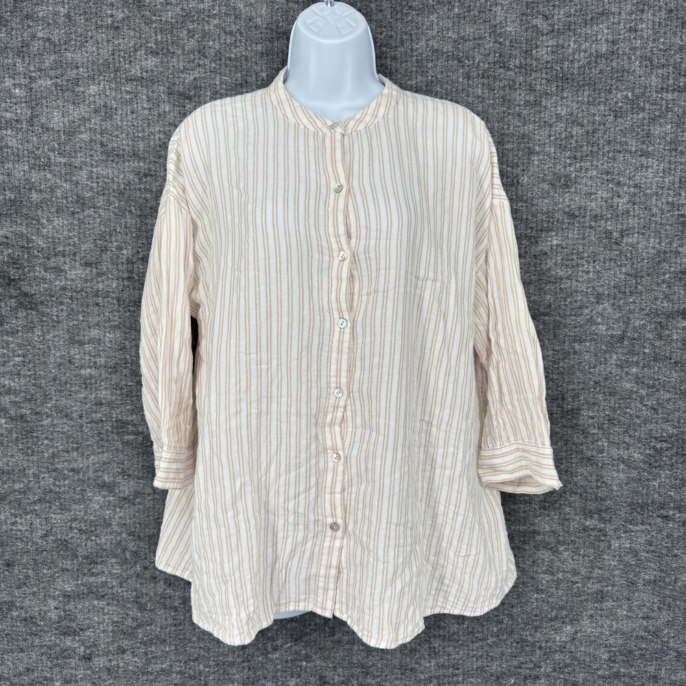 Eileen Fisher Shirt Womens M White Stripe Organic Cotton Button Tunic 3/4 Sleeve